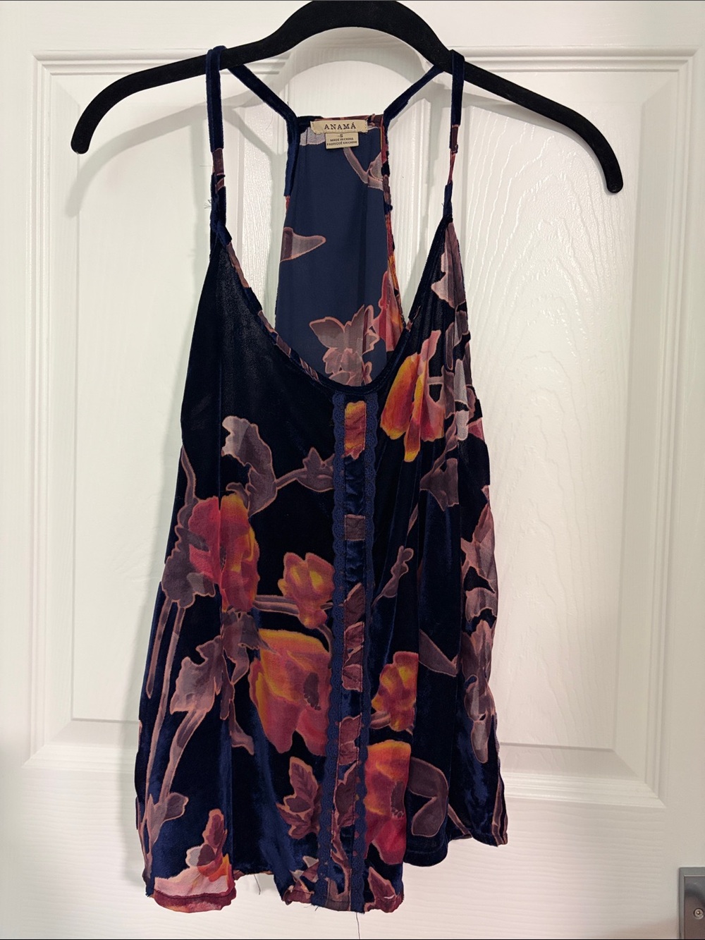 Anthropology Anama Navy Floral Velvet Cami with Pink and Orange Blooms